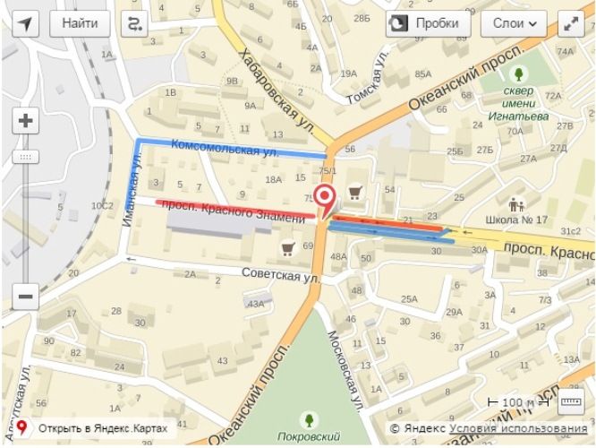 Карта перекрытого ранее движения. Красная линия - перекрыто движение. Синяя - объездная дорога